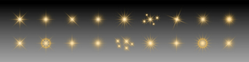 Set of golden glowing starbursts and sparkle light effects on a dark gradient background. Vector illustration of luminous shines for festive, luxury, and decorative use