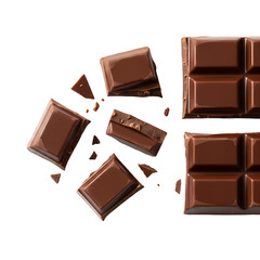 Dark chocolate bar with broken pieces, isolated on a white background, is a delicious, sweet dessert and tasty snack