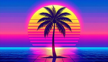 Retro futuristic sunset with palm tree