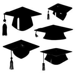 An assortment of 3D rendered academic hats in different positions, isolated on a white background, showcases a black graduate cap with a golden tassel floating in the air, evoking the joy of a