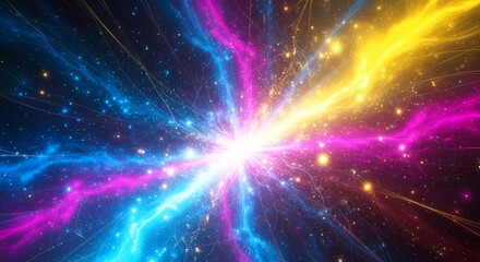 Vibrant cosmic energy burst with swirling neon lights and stars