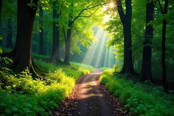 Sun-Dappled Forest Path A Winding Trail Invites Adventure and Exploration. Discover serenity and escape amidst lush greenery, perfect for relaxation and vibrant nature photography.