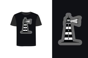 Tshirt mockup striped lighthouse graphic with light beams dark beacon tower