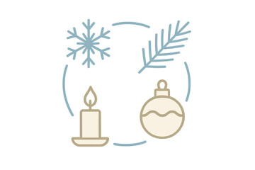 Four seasonal winter holiday symbols: snowflake, pine branch, candle, and Christmas bauble