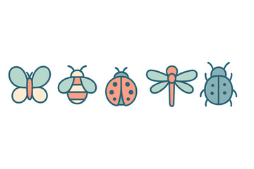 Stylized insect icons collection featuring butterfly, bee, ladybug, dragonfly, and beetle