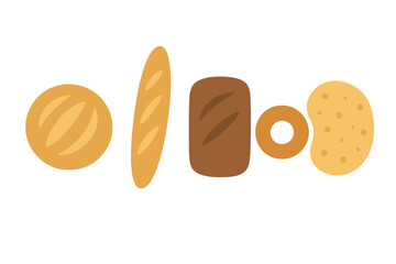 Assortment of baked goods including loaves, a baguette, and a ring shape for bakery concepts