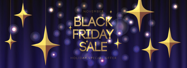 Black Friday Sale web banner layout design template with gold stars, twinkle and theater curtains background. Advertising Poster design Black Friday campaign, vector illustration