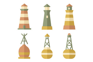 Modern flat design icons set of maritime navigation symbols including lighthouses and sea buoys
