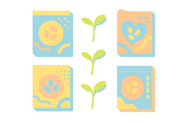 Colorful icons showing seed packets and fresh green plant sprouts ready for planting
