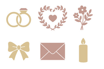 Minimalist collection of wedding and romance symbols including rings, heart, and flowers