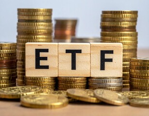 acronym -ETF- on blocks, surrounded by stacks of coins