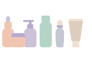 Minimalist set of cosmetic bottles and containers in soft pastel colors for beauty products