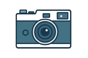 Stylized icon of a classic compact camera in blue and white colors for media and technology concepts