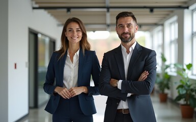 Man and woman dressed in business attire standing in the office. High quality