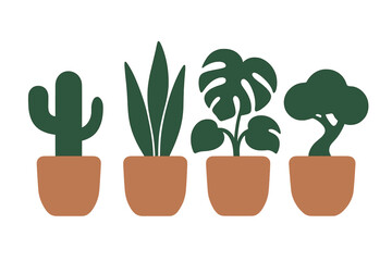 Stylized collection of four popular indoor plants including cactus and monstera in terracotta pots