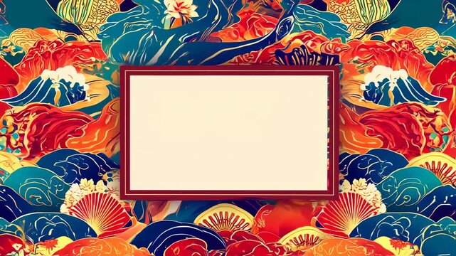 Abstract design with Asian motifs.  A blank, cream-colored frame is set against a vibrant backdrop of stylized floral, wave, and dragon-like patterns in bold colors.  The frame has a maroon border