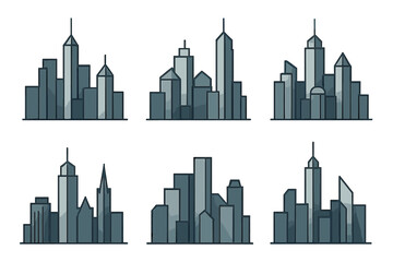 Obraz premium Six modern abstract city skyline icons and urban landscape silhouettes set