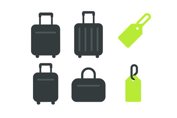 Collection of travel luggage icons including rolling suitcases and bright neon green identification tags