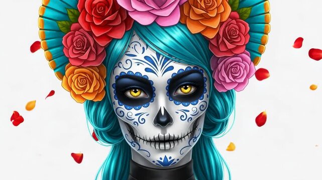 Colorful female skeleton figure adorned with vibrant flowers and intricate face paint, celebrating Dia de los Muertos in a festive autumn landscape with falling petals