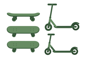 Set of green skateboards and kick scooters in various views for urban mobility design