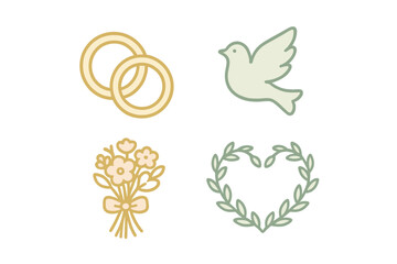 Wedding and romance icons set featuring rings, dove, bouquet, and heart wreath