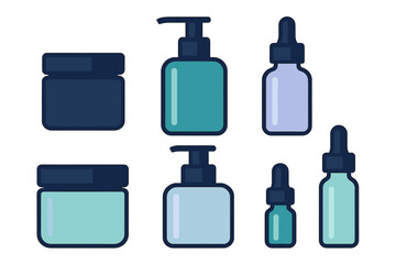 Set of cosmetic packaging containers including jars, pump bottles, and serum droppers