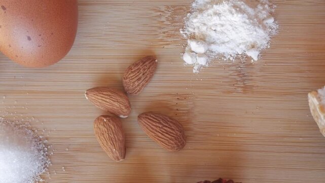 Ingredients for turron on a wooden board, cozy Christmas feel