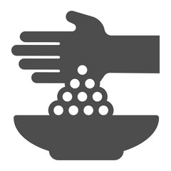 Hand with peas and plate solid icon, cooking concept. Vector graphics. Spices sign on white background, glyph style icon for mobile or web design.