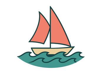 Vintage nautical design of a stylized sailboat with coral sails on teal ocean waves
