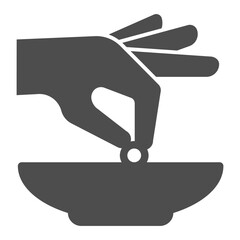 Hand with additive, seasoning and plate solid icon, cooking concept. Vector graphics. Spices sign on white background, glyph style icon for mobile or web design.