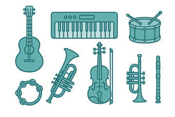 Collection of various musical instruments including string percussion brass and keyboard