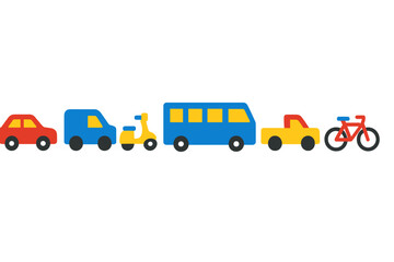 Simplified colorful row of transportation vehicles: car, van, scooter, bus, truck, bicycle