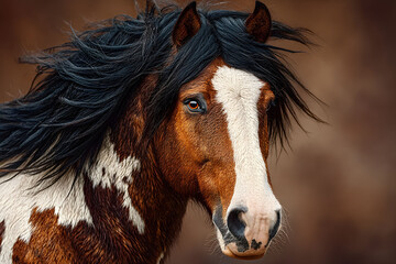 Obraz premium Majestic Portrait of a Paint Horse with Flowing Mane in Dramatic Lighting