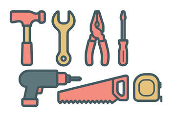 Essential set of construction and home repair tools including hammer wrench and saw