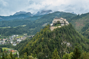 Werfen Castle with alpine mountains and town view
