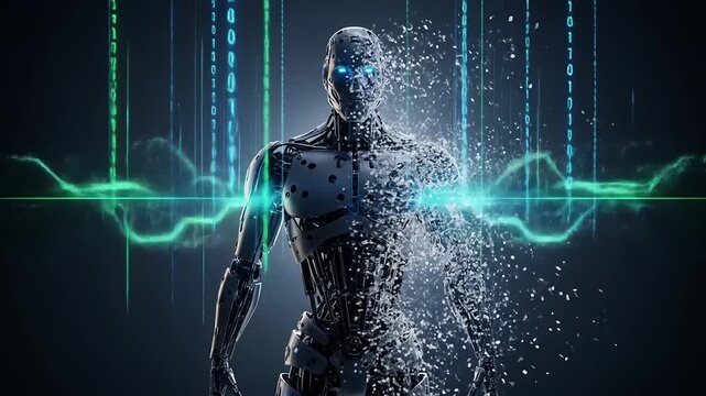 Futuristic AI Robot Disintegrating with Digital Data Stream Effect.