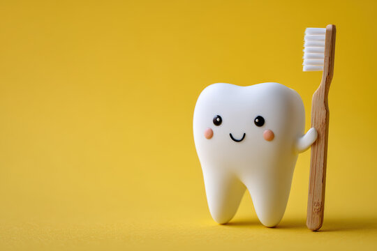A cheerful tooth character happily holding a wooden toothbrush on a yellow background.