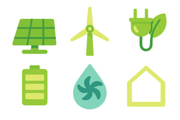 Green energy and sustainability icons set featuring solar, wind, hydro, battery, and eco house symbols © Andrei