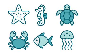 Stylized marine animals set featuring starfish, seahorse, turtle, crab, fish, and jellyfish