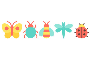 Colorful collection of flying and crawling insects in a simple flat style for children