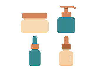 Fototapeta premium Collection of minimalist cosmetic product packaging including cream jar, pump dispenser, and serum dropper bottles