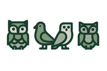 Minimalist graphic set of wild birds including owls and doves in simple line art style using sage green colors