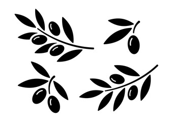 Olive branches icon set, black silhouette isolated on white. Small twig with olives and leaves, stencil style. Vector clipart and png sign for minimal design, olive food illustration or logo.