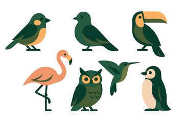 Diverse set of tropical and wild birds including toucan, flamingo, owl, hummingbird, and penguin