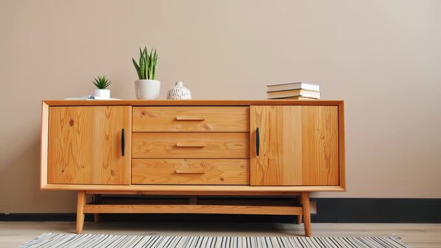 Light brown wooden sideboard against a beige wall, with potted plants and books