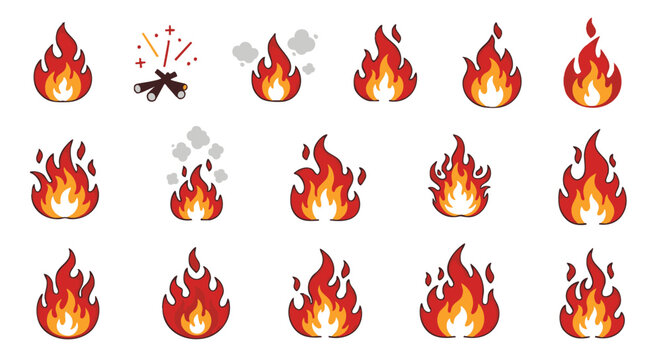 Vector set of fire and flame icons. Collection includes diverse blazes, burning embers, and smoke elements. Ideal for warning symbols, energy, heat, or decorative bonfire designs