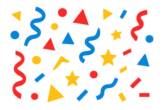 Colorful abstract geometric shapes and confetti elements scattered across a white background pattern
