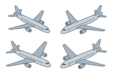 Four isometric passenger aircraft icons representing global travel and transportation