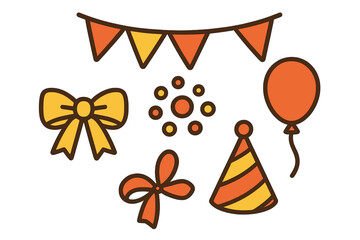 Festive celebration elements including party hat, balloon, bows, and decorative bunting