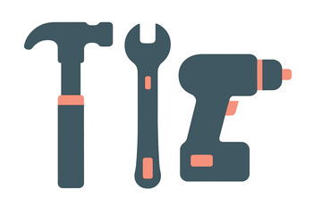 Set of essential construction and repair tools including hammer wrench and power drill